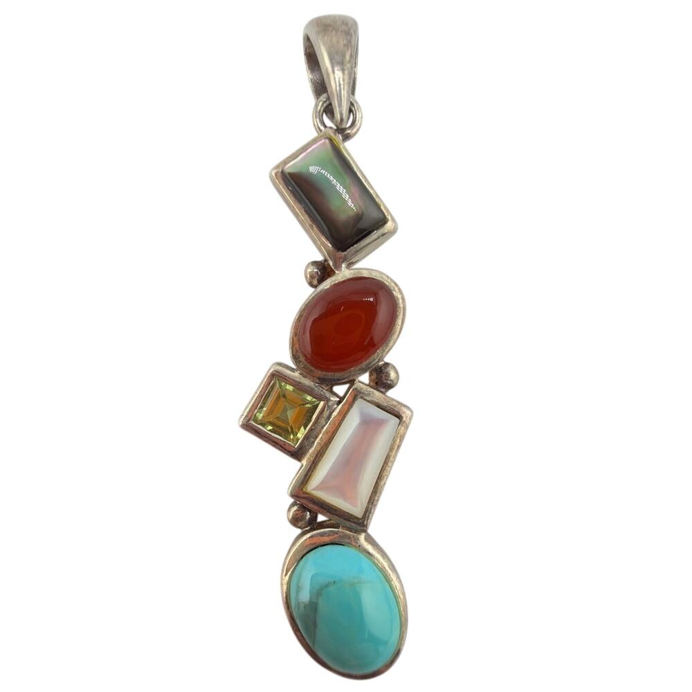 Vintage Southwest Style Sterling Silver Multi Stone Geometric Pendant